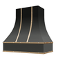 Riley & Higgs Black Range Hood With Curved Front, Brass Strapping, Buttons and Block Trim - 30", 36", 42", 48", 54" and 60" Widths Available