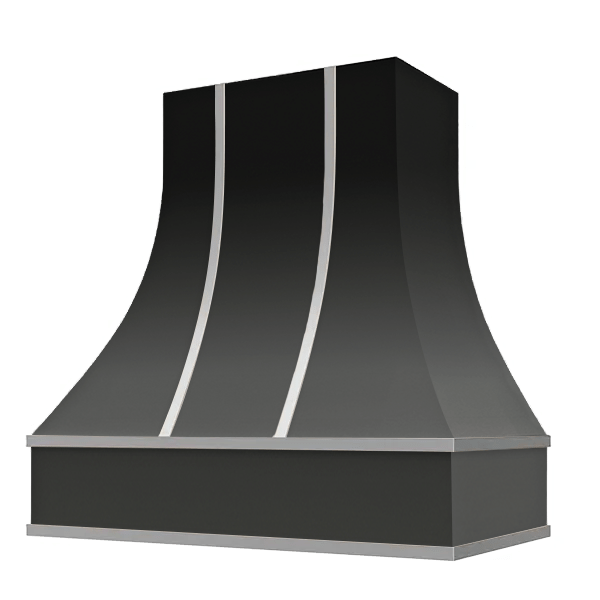 Riley & Higgs Black Range Hood With Curved Front, Silver Strapping and Block Trim - 30", 36", 42", 48", 54" and 60" Widths Available