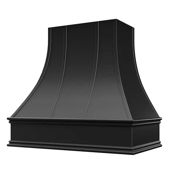 Riley & Higgs Black Range Hood With Curved Strapped Front and Decorative Trim - 30", 36", 42", 48", 54" and 60" Widths Available