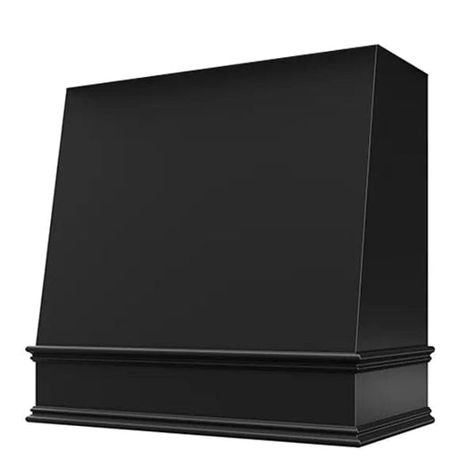 Riley & Higgs Black Wood Range Hood With Angled Front and Decorative Trim - 30", 36", 42", 48", 54" and 60" Widths Available