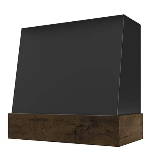 Riley & Higgs Black Wood Range Hood With Angled Front and Walnut Band - 30", 36", 42", 48", 54" and 60" Widths Available