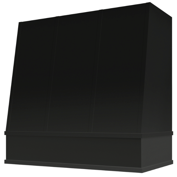 Riley & Higgs Black Wood Range Hood With Angled Strapped Front and Block Trim - 30", 36", 42", 48", 54" and 60" Widths Available