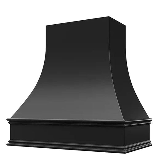 Riley & Higgs Black Wood Range Hood With Curved Front and Decorative Trim - 30" 36" 42" 48" 54" and 60" Widths Available