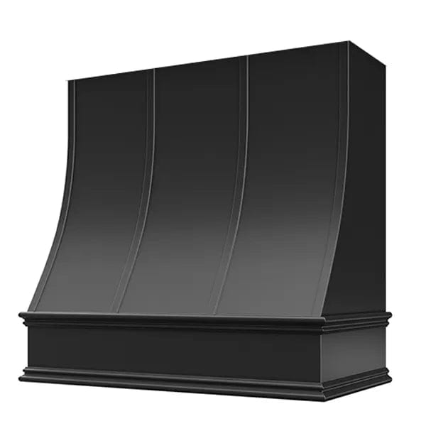 Riley & Higgs Black Wood Range Hood With Sloped Strapped Front and Decorative Trim - 30", 36", 42", 48", 54" and 60" Widths Available