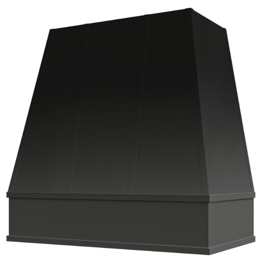 Riley & Higgs Black Wood Range Hood With Tapered Strapped Front and Block Trim - 30", 36", 42", 48", 54" and 60" Widths Available