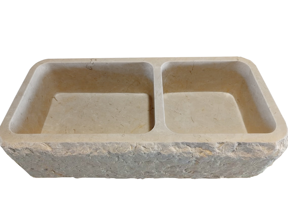 TCSC | Botticino Beige Marble Farmhouse Apron Kitchen Double Sink (W)16" (L)32" (H)10"