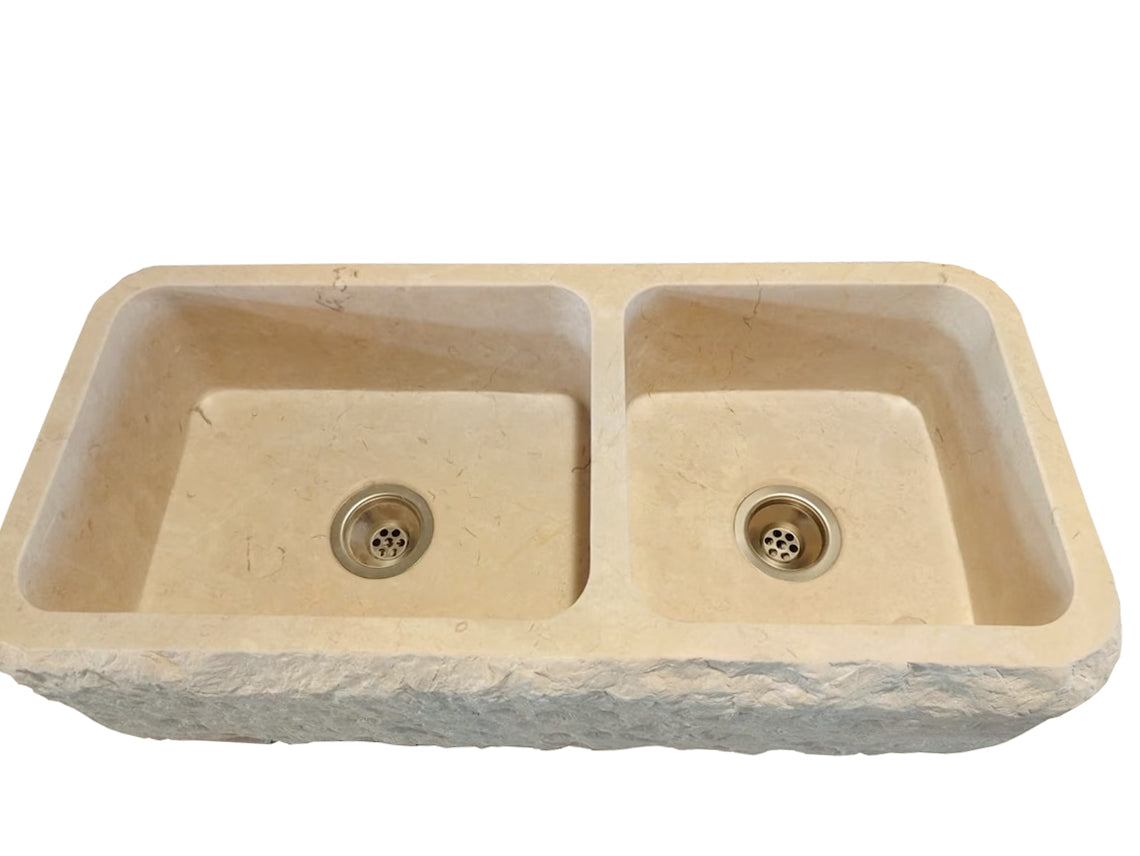 TCSC | Botticino Beige Marble Farmhouse Apron Kitchen Double Sink (W)16" (L)32" (H)10"