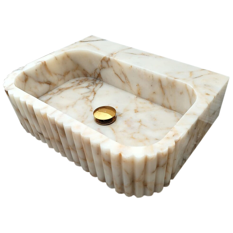 TCSC | Calacatta Gold Marble Wall-mount Bathroom Vanity Sink Fluted (W)16" (L)20" (H)6"