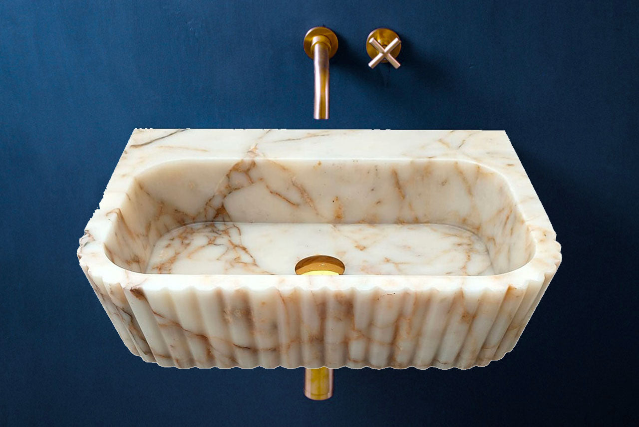 Calacatta Gold Marble Wall-mount Bathroom Vanity Sink Fluted (W)16" (L)20" (H)6"