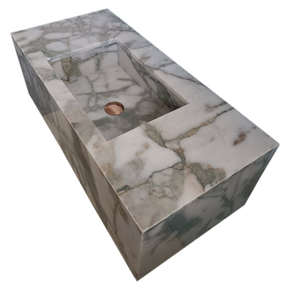 TCSC | Calacatta Verde Marble Rectangular Wall-mount Bathroom Sink with 10" Backsplash (W)16" (L)34" (H)12"