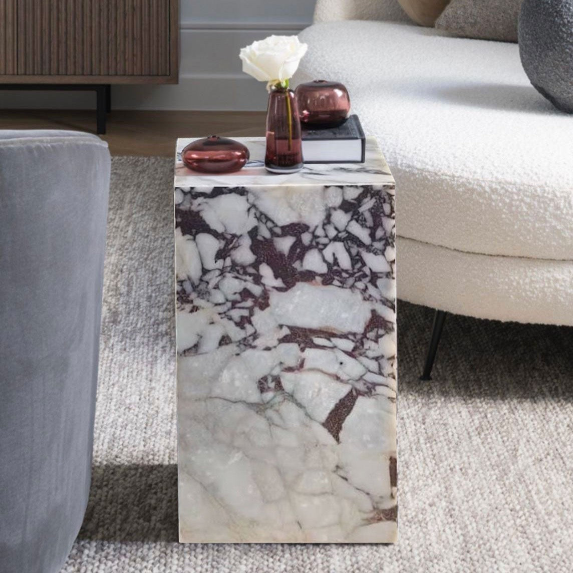 Calacatta Viola Marble Cube Design Plinth End/Side Table, Nightstand Polished (W)14" (L)14" (H)24"