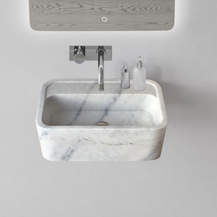 Carrara White Marble Rectangular Wall-mount Bathroom Sink (W)16" (L)24" (H)12"