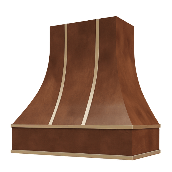 Riley & Higgs Chocolate Range Hood With Curved Front, Brass Strapping and Block Trim - 30", 36", 42", 48", 54" and 60" Widths Available