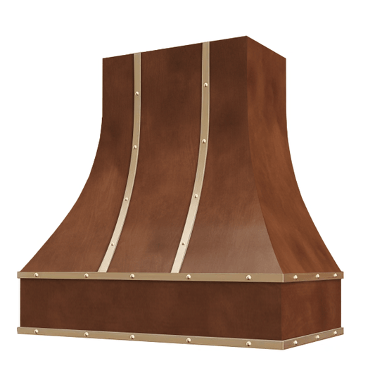 Riley & Higgs Chocolate Range Hood With Curved Front, Brass Strapping, Buttons and Block Trim - 30", 36", 42", 48", 54" and 60" Widths Available