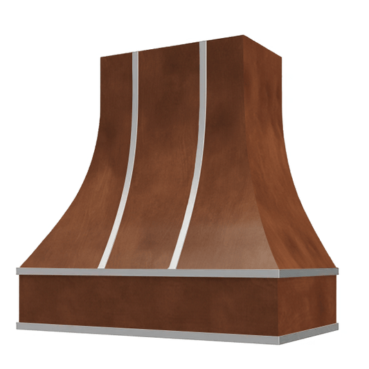 Riley & Higgs Chocolate Range Hood With Curved Front, Silver Strapping and Block Trim - 30", 36", 42", 48", 54" and 60" Widths Available