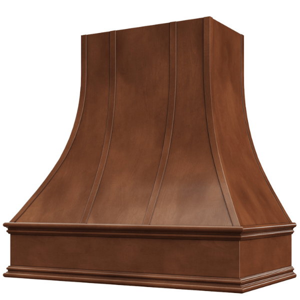 Riley & Higgs Chocolate Range Hood With Curved Strapped Front and Decorative Trim - 30", 36", 42", 48", 54" and 60" Widths Available