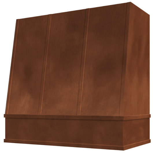 Riley & Higgs Chocolate Wood Range Hood With Angled Strapped Front and Block Trim - 30", 36", 42", 48", 54" and 60" Widths Available