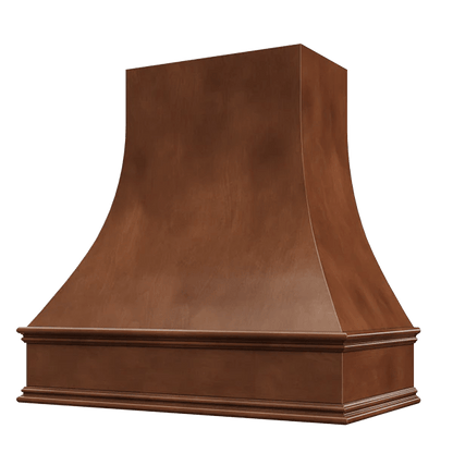 Riley & Higgs Chocolate Wood Range Hood With Curved Front and Decorative Trim - 30" 36" 42" 48" 54" and 60" Widths Available