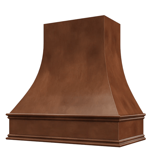 Riley & Higgs Chocolate Wood Range Hood With Curved Front and Decorative Trim - 30" 36" 42" 48" 54" and 60" Widths Available