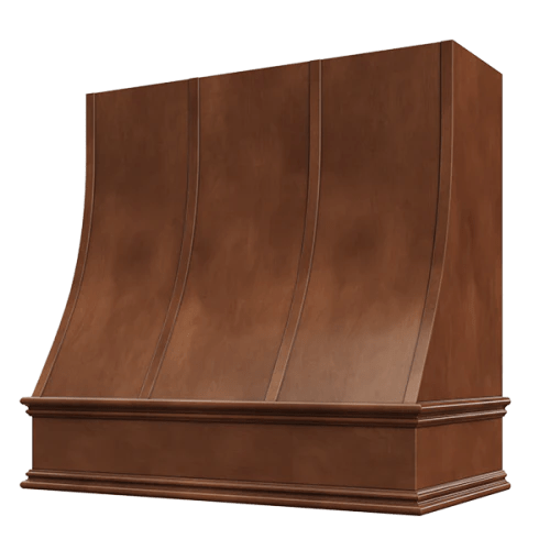 Riley & Higgs Chocolate Wood Range Hood With Sloped Strapped Front and Decorative Trim - 30", 36", 42", 48", 54" and 60" Widths Available