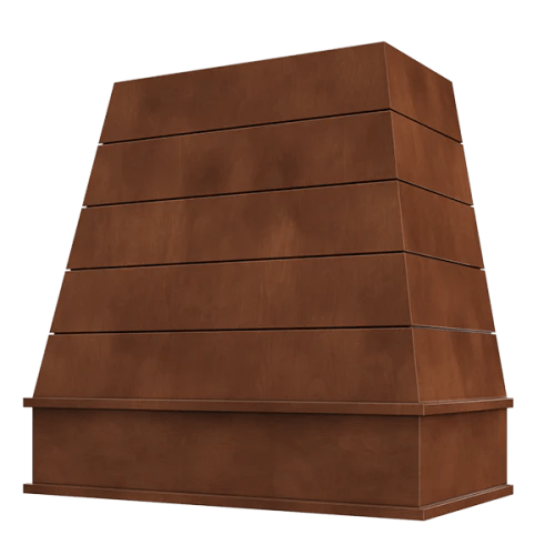 Riley & Higgs Chocolate Wood Range Hood With Tapered Shiplap Front and Block Trim - 30", 36", 42", 48", 54" and 60" Widths Available