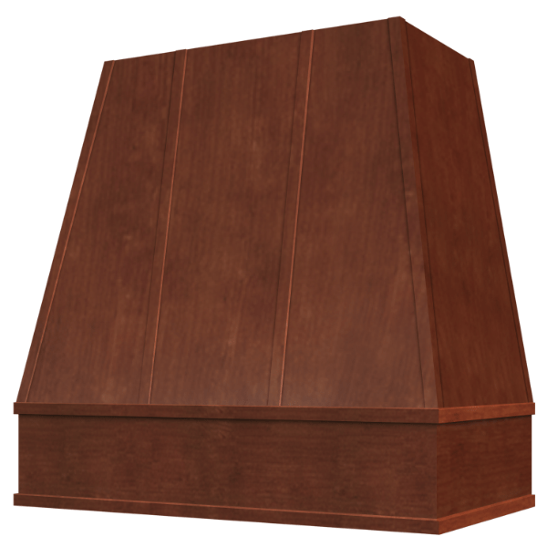 Riley & Higgs Chocolate Wood Range Hood With Tapered Strapped Front and Block Trim - 30", 36", 42", 48", 54" and 60" Widths Available