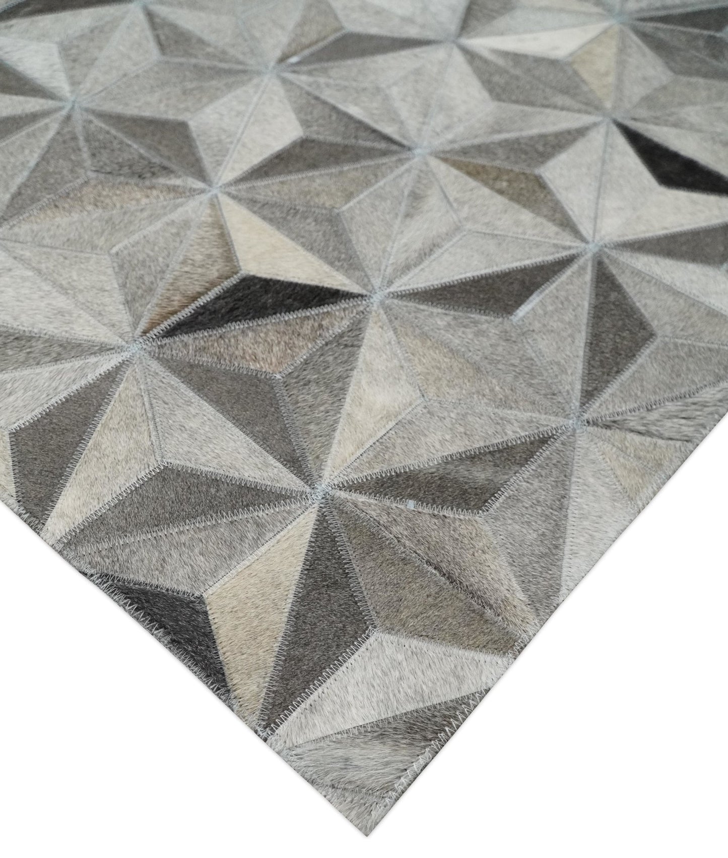 Custom Made Cowhide Leather Patchwork Silver and Gray Leather Modern Geometric Rug