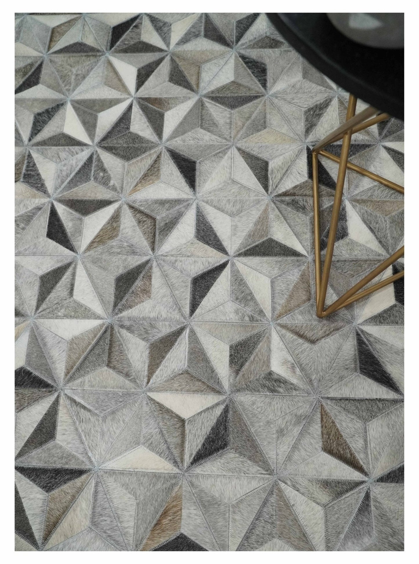 Custom Made Cowhide Leather Patchwork Silver and Gray Leather Modern Geometric Rug