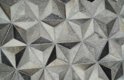 Custom Made Cowhide Leather Patchwork Silver and Gray Leather Modern Geometric Rug