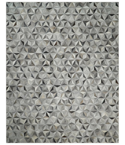 Custom Made Cowhide Leather Patchwork Silver and Gray Leather Modern Geometric Rug