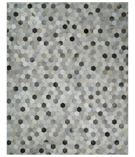 Cowhide Leather Patchwork Silver and Ivory Leather Modern Geometric Custom Made Rug