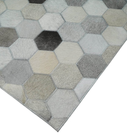 Cowhide Leather Patchwork Silver and Ivory Leather Modern Geometric Custom Made Rug