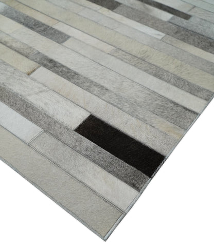 Modern Geometrical Cowhide Leather Striped Silver and Ivory Leather Custom Made Area Rug