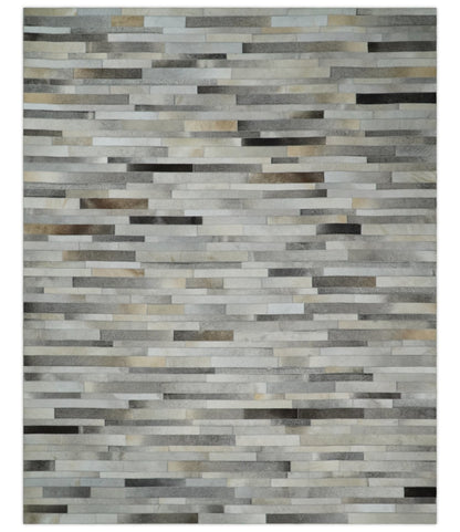 Modern Geometrical Cowhide Leather Striped Silver and Ivory Leather Custom Made Area Rug