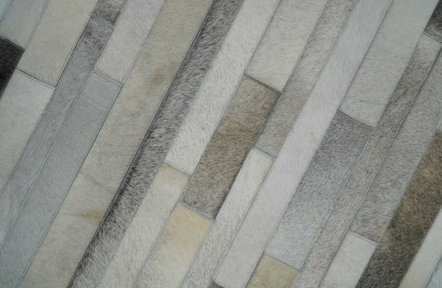 Modern Geometrical Cowhide Leather Striped Silver and Ivory Leather Custom Made Area Rug