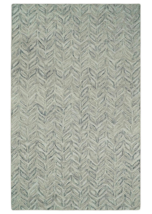 Custom Made Beige and Gray Leaf's Hand Tufted Modern Scandinavian Wool Loop Rug