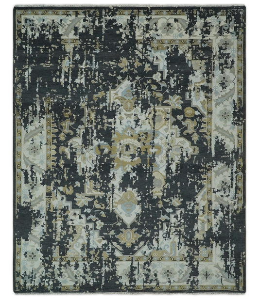 Custom Made Charcoal, Ivory and Beige Transitional Hand knotted wool Area Rug