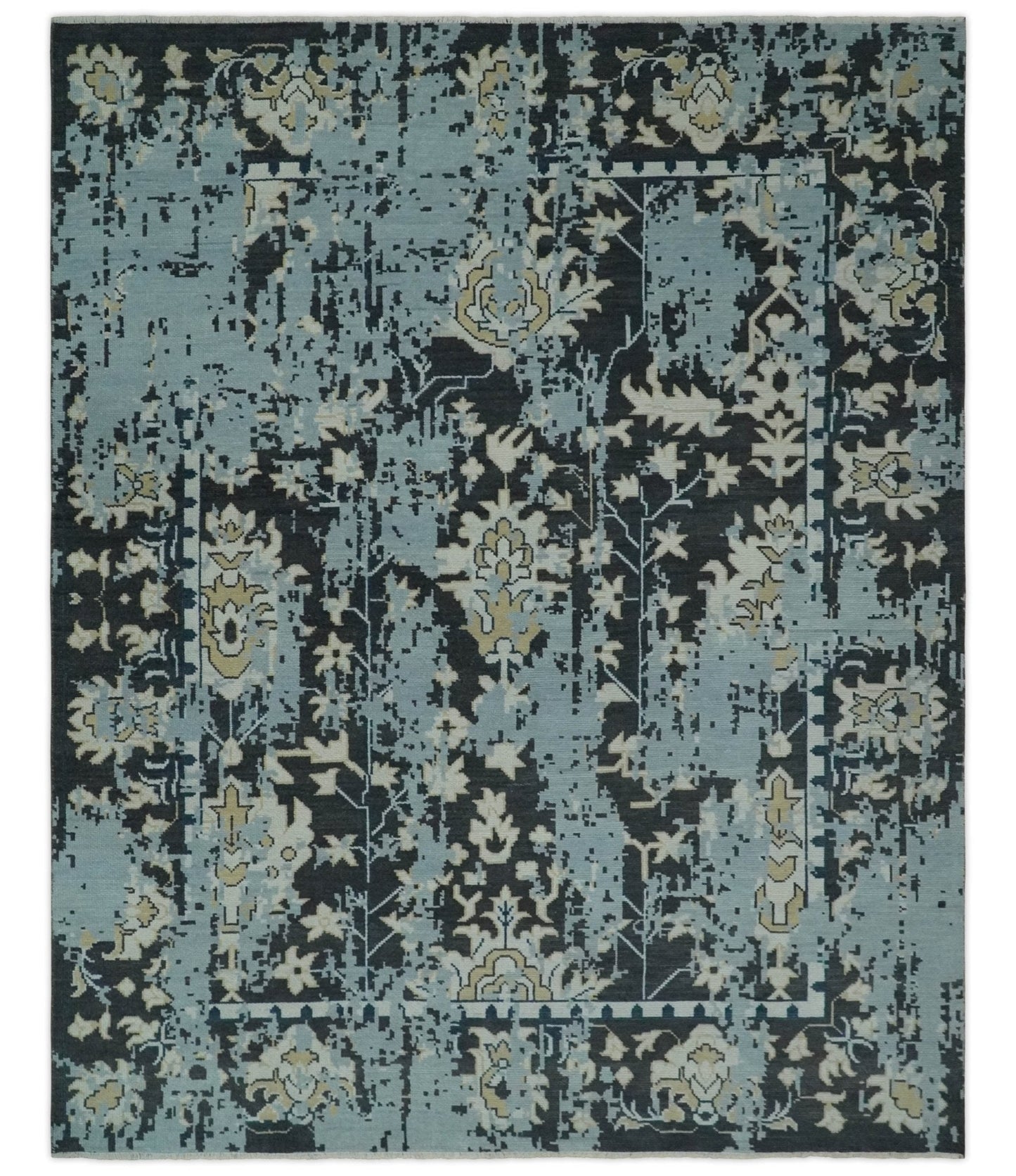 Custom Made Transitional Light Blue, Ivory, Beige and Charcoal Hand knotted wool Rug