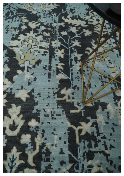 Custom Made Transitional Light Blue, Ivory, Beige and Charcoal Hand knotted wool Rug