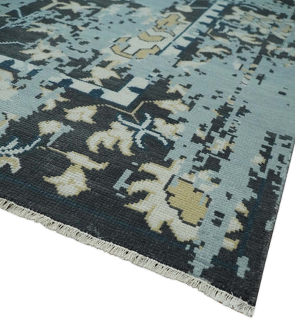 Custom Made Transitional Light Blue, Ivory, Beige and Charcoal Hand knotted wool Rug