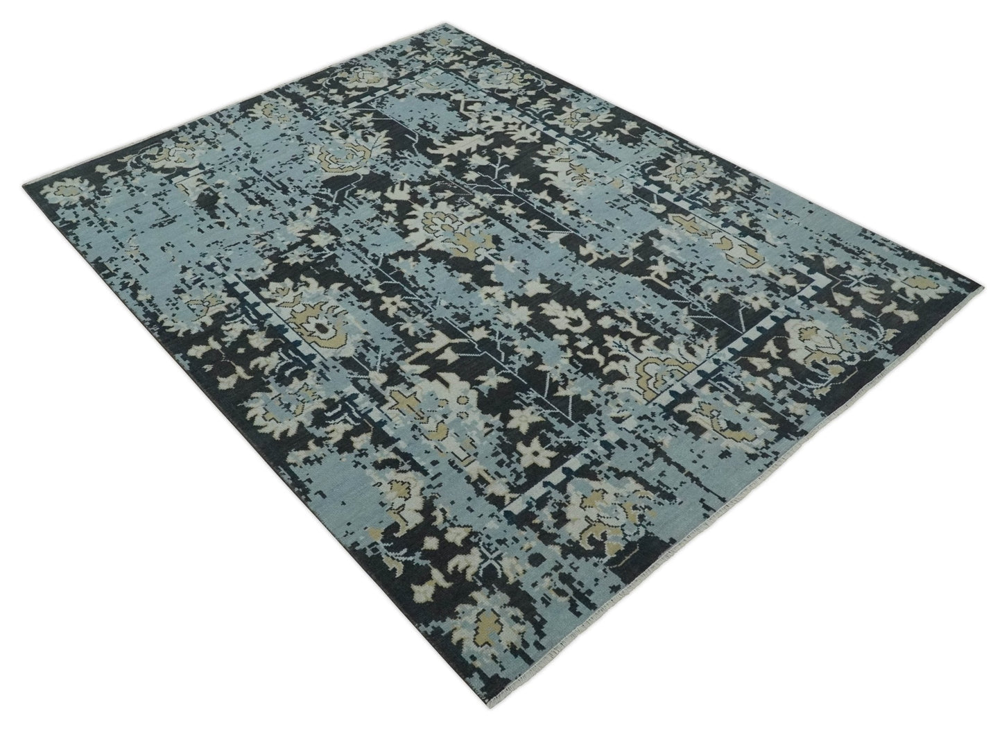 Custom Made Transitional Light Blue, Ivory, Beige and Charcoal Hand knotted wool Rug