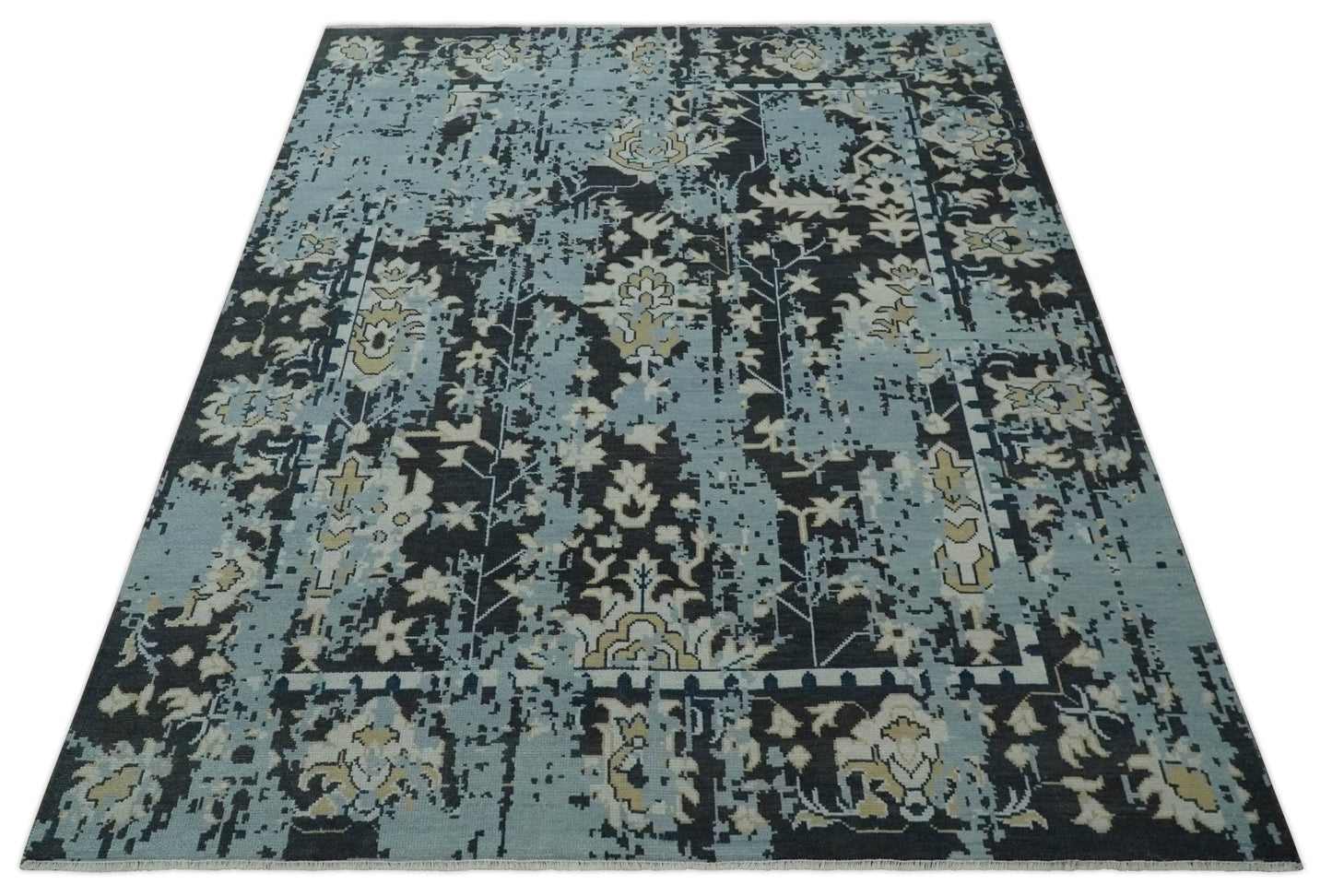 Custom Made Transitional Light Blue, Ivory, Beige and Charcoal Hand knotted wool Rug