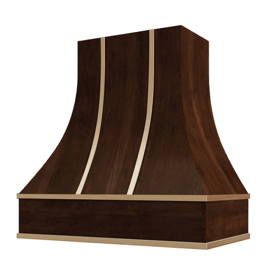 Riley & Higgs Espresso Range Hood With Curved Front, Brass Strapping and Block Trim - 30", 36", 42", 48", 54" and 60" Widths Available