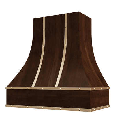 Riley & Higgs Espresso Range Hood With Curved Front, Brass Strapping, Buttons and Block Trim - 30", 36", 42", 48", 54" and 60" Widths Available