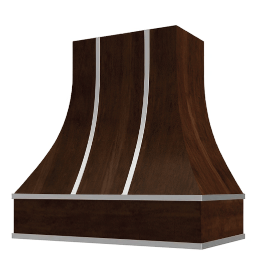 Riley & Higgs Espresso Range Hood With Curved Front, Silver Strapping and Block Trim - 30", 36", 42", 48", 54" and 60" Widths Available