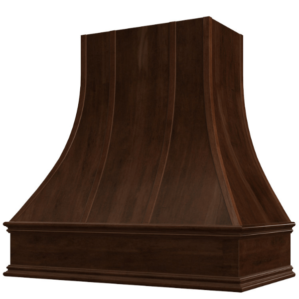 Riley & Higgs Espresso Range Hood With Curved Strapped Front and Decorative Trim - 30", 36", 42", 48", 54" and 60" Widths Available