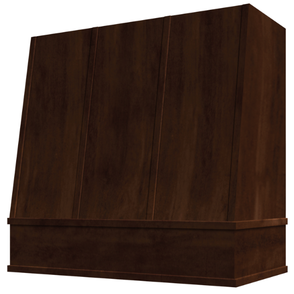 Riley & Higgs Espresso Wood Range Hood With Angled Strapped Front and Block Trim - 30", 36", 42", 48", 54" and 60" Widths Available