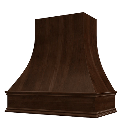 Riley & Higgs Espresso Wood Range Hood With Curved Front and Decorative Trim - 30" 36" 42" 48" 54" and 60" Widths Available