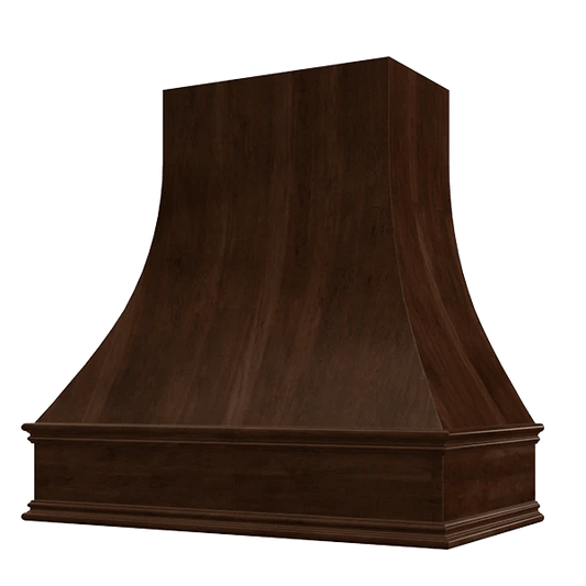 Riley & Higgs Espresso Wood Range Hood With Curved Front and Decorative Trim - 30" 36" 42" 48" 54" and 60" Widths Available