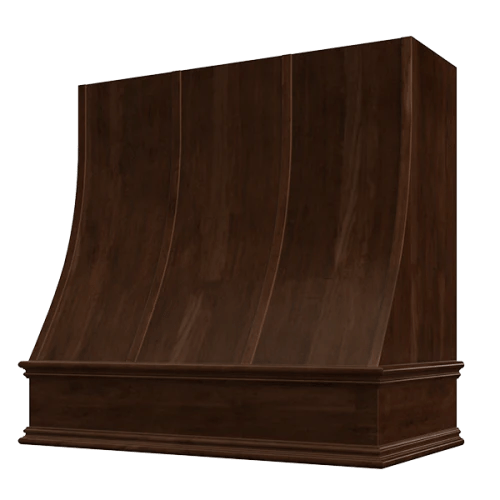 Riley & Higgs Espresso Wood Range Hood With Sloped Strapped Front and Decorative Trim - 30", 36", 42", 48", 54" and 60" Widths Available